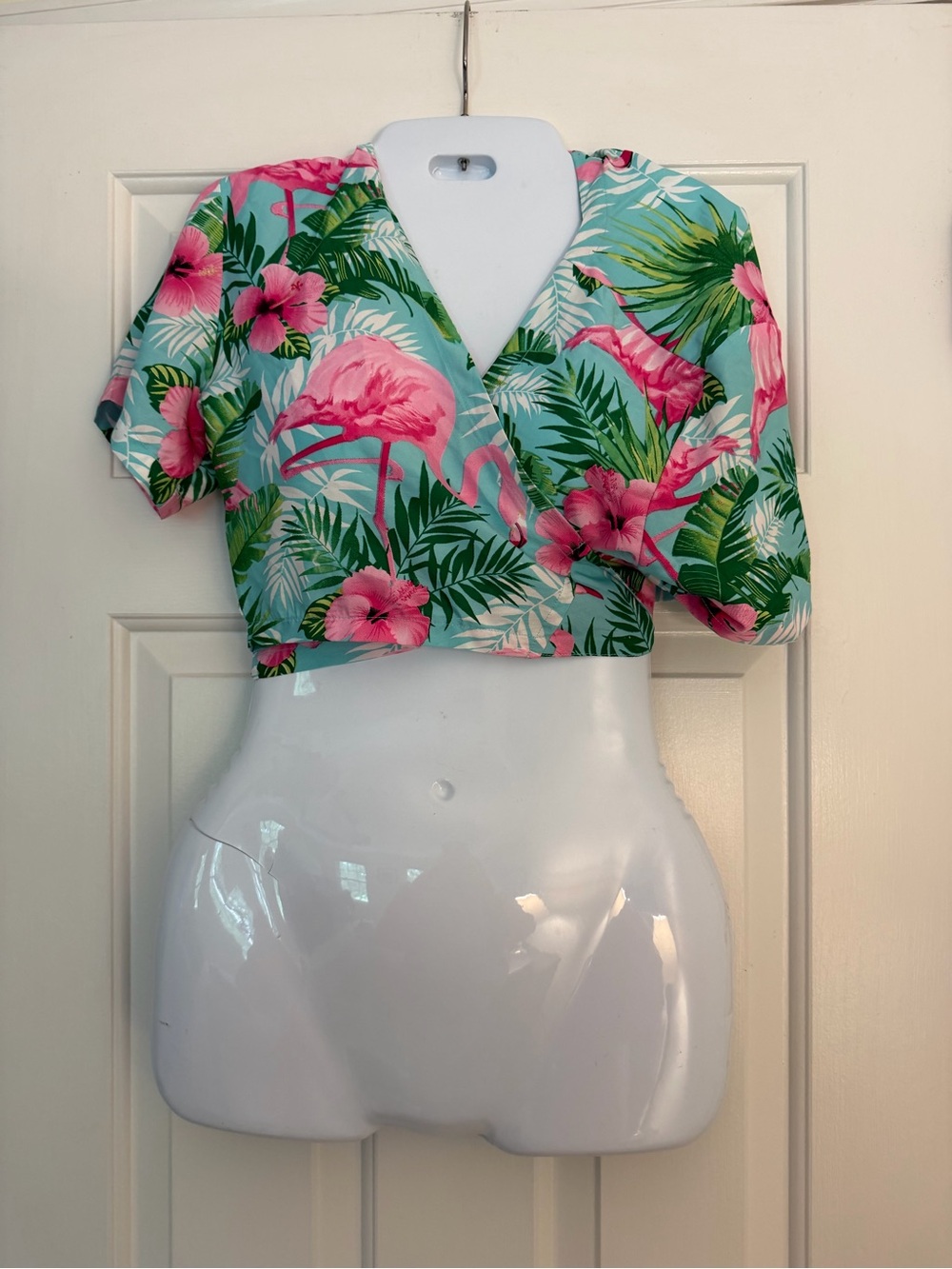 Tropical Flamingo Floral Wrap Top Adjustable Tie Front Size S